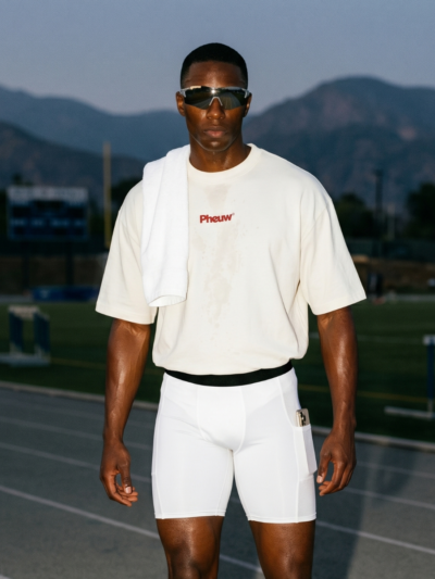 Person wearing a white t-shirt and shorts on a track with mountains in the background