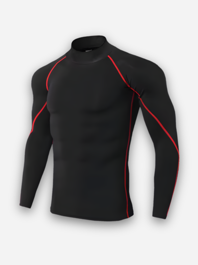 Black long-sleeve athletic shirt with red accents on a white background