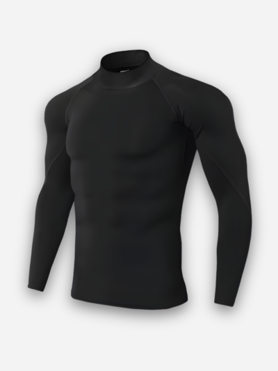 Black long-sleeve athletic shirt on a light gray background