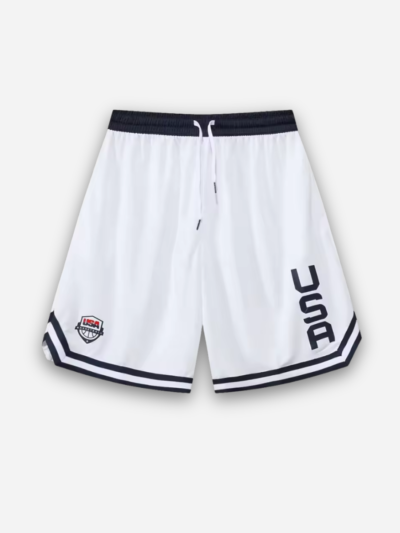 White shorts with black accents and 'USA' branding on a light gray background
