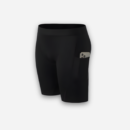 Black athletic shorts with a logo on a light gray background