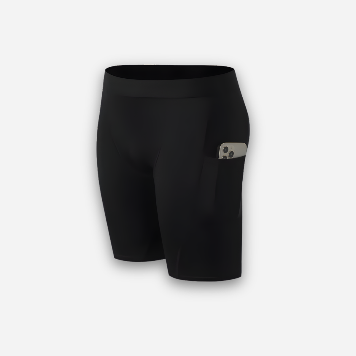 Black athletic shorts with a logo on a light gray background