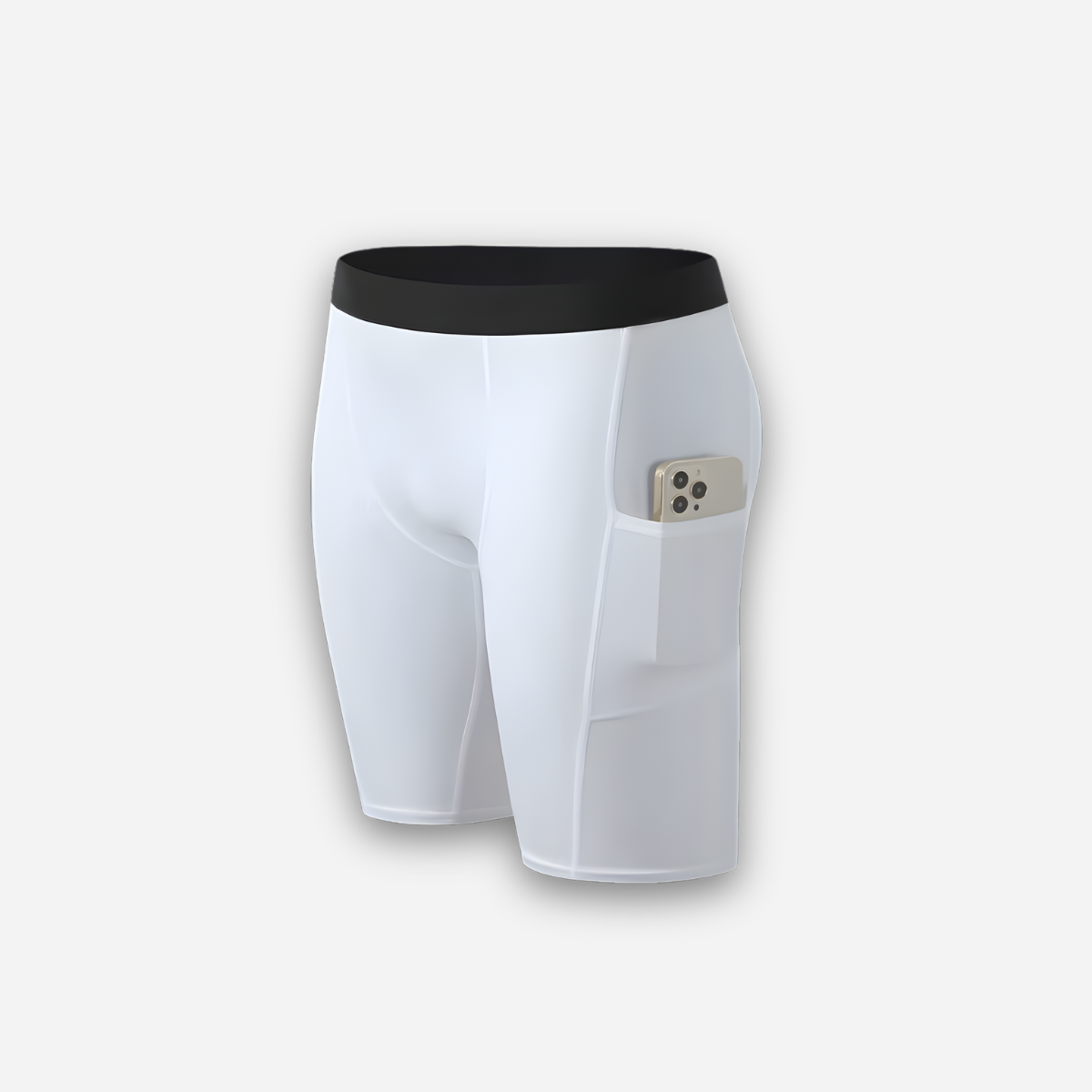 White athletic shorts with a black waistband on a light gray background