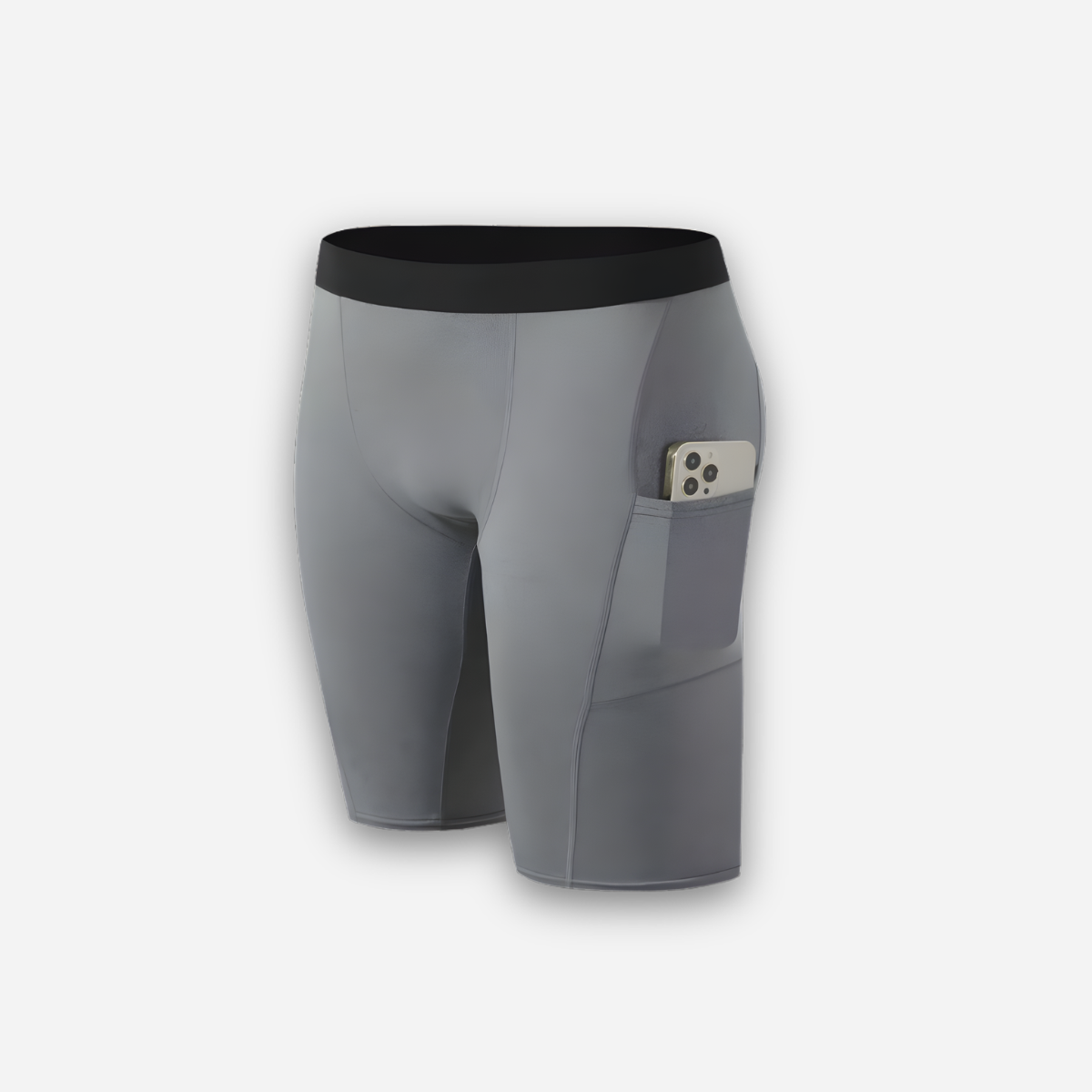 Gray athletic shorts with a black waistband on a light gray background